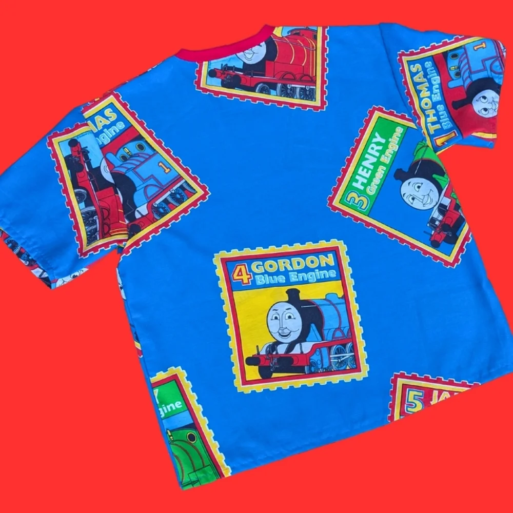 Handmade, Upcycled Thomas The Blue Engine Bedsheet T-Shirt Oversized XL - Picture 3 of 4